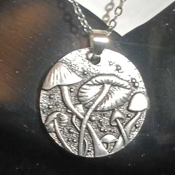 Whimsical Triple Mushroom Silvertone Jewelry Pendant Nature-Inspired Fantasy - Picture 2 of 6